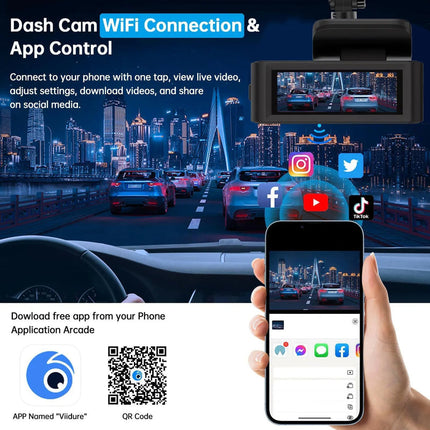 Dual Lens 4K Front + 1080P Rear Dash Camera with WiFi & Car Charger – Black