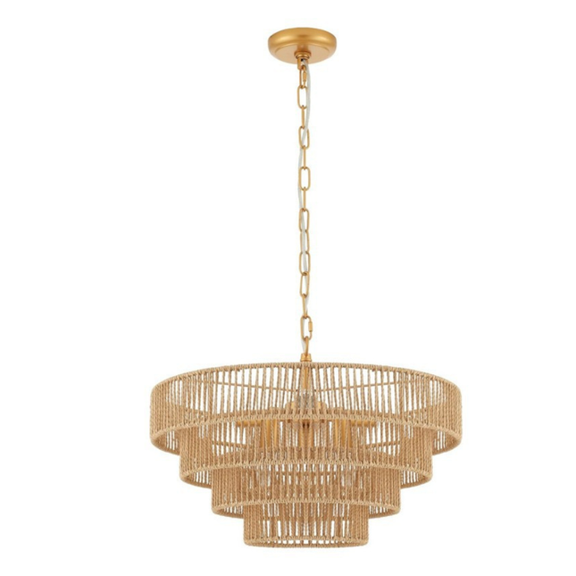 Multi-Layer Rattan Pendant Light with Warm LED Illumination for Dining and Bedroom Spaces