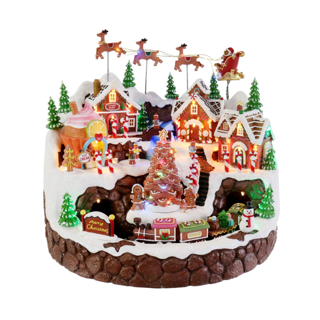 16" LED Christmas Candy House with Rotating Train, Skating Figures & USB Music Decoration
