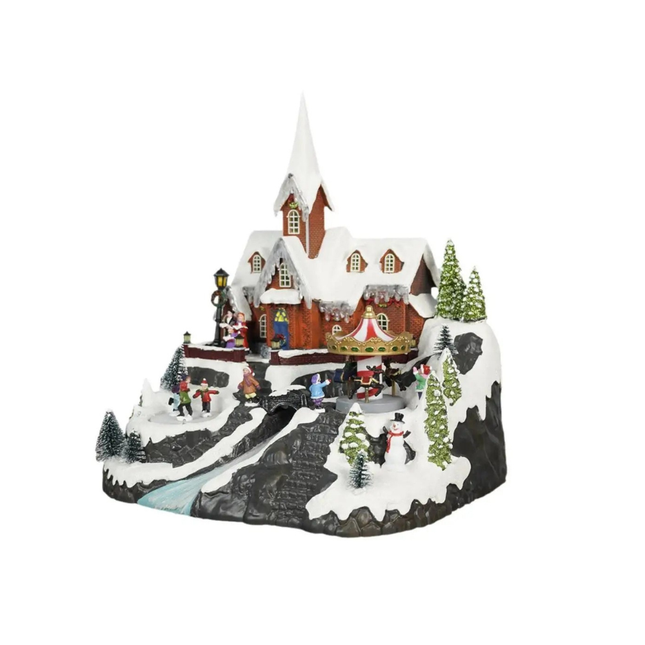 LED Christmas Village Display with Rotating Tree, Fiber Optic Lights, and Music Decoration