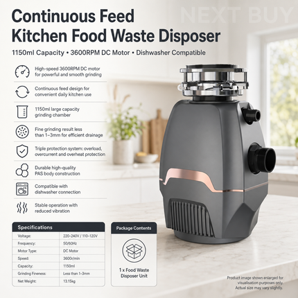 Continuous Feed Kitchen Food Waste Disposer 1150ml 3600RPM DC Motor Dishwasher Compatible