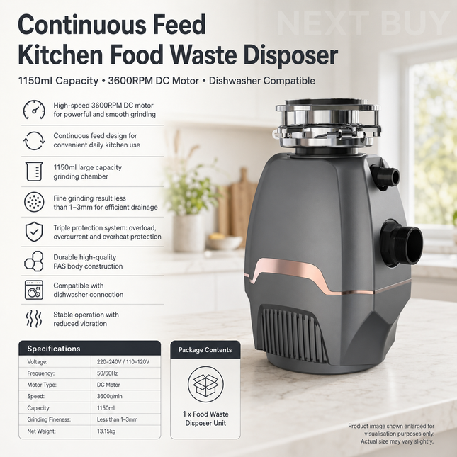 Continuous Feed Kitchen Food Waste Disposer 1150ml 3600RPM DC Motor Dishwasher Compatible
