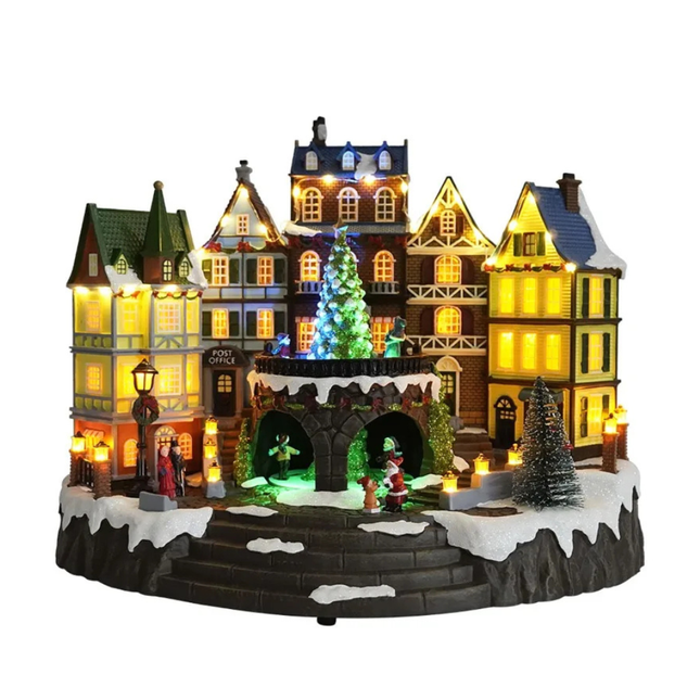 LED Holiday Village Display with Rotating Tree and Music – 3.3kg, Plug-In Christmas Decoration