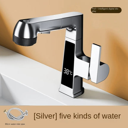 LED Temperature Display Pull Out Basin Faucet 5 Mode Spray 360° Rotating Hot and Cold Mixer