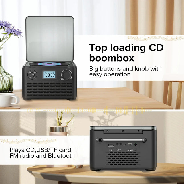Rechargeable CD Music System with Bluetooth, FM Tuner & USB Playback – Portable Audio Player
