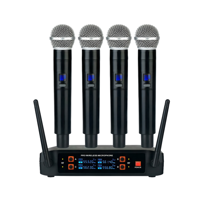 4-Channel UHF Wireless Microphone System with 4 Handheld Mics for Karaoke, Stage, and Events