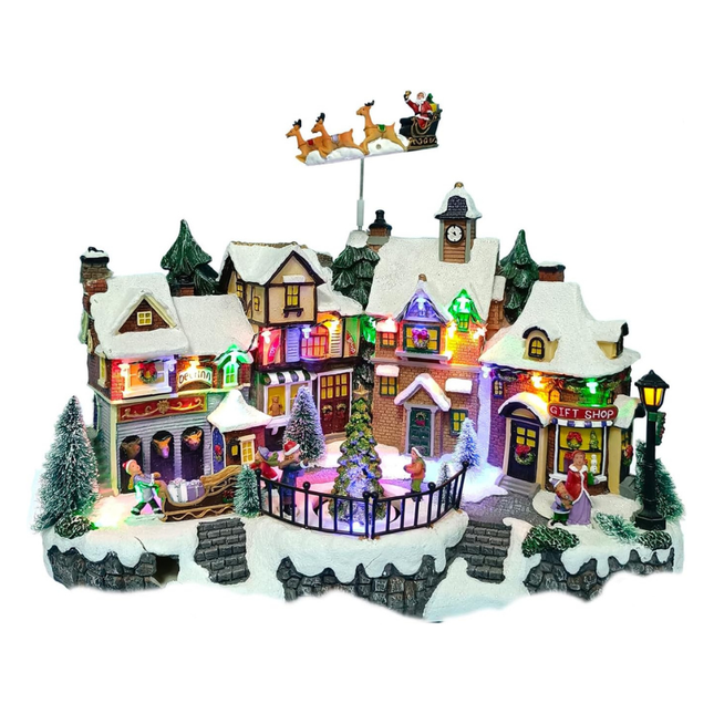 LED Christmas Village Decoration with Spinning Tree, Moving Reindeer, Music & USB or Battery Power