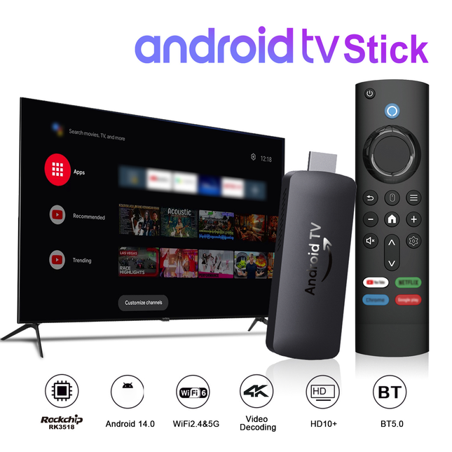 Android 14 4K TV Stick with 2GB RAM, 8GB Storage, Dual Band WiFi and Bluetooth Remote