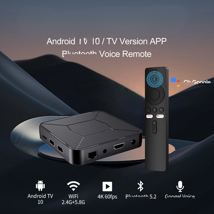 Android TV Box 4K with Android 10, Allwinner H313, 2GB RAM, 8GB/16GB Storage, Bluetooth Voice Remote