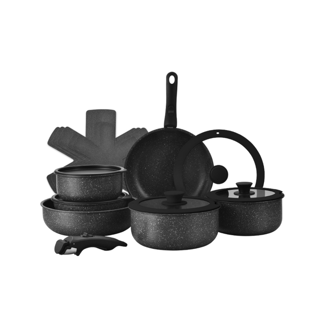 7-Piece Home Cooking Pan & Pot Set with Detachable Handles Glass Lids Black