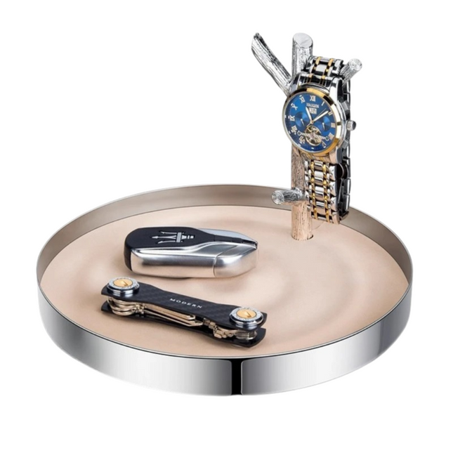 Stainless Steel Jewelry & Accessory Tray with Leather Trim – Tree Branch Design for Keys, Rings, and Decorative Items