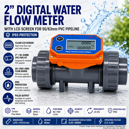 2″ Digital Water Flow Measurement Meter with LCD Screen for 50/63mm PVC Pipeline, IP65 Protection