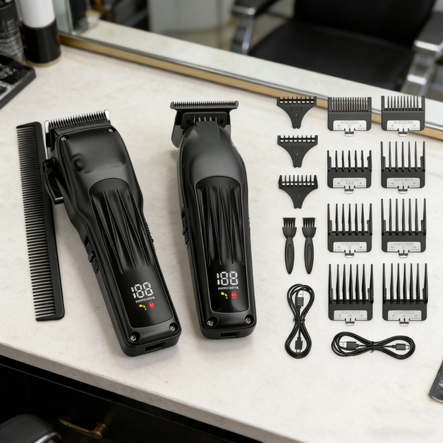 Cordless USB Rechargeable Hair Trimmer Set with LED Display Adjustable Stainless Steel Blades