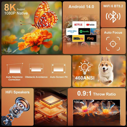 Compact 1080P WiFi Projector with Auto Keystone, Android OS and Dual Speakers