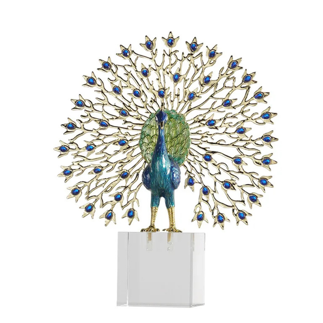 Decorative Peacock Figurine Vibrant Blue Tail Feathers Enamel Crystal Finish