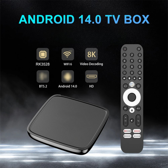 Android 14 TV Box with 4GB RAM 32GB Storage Dual Band WiFi and Bluetooth Remote