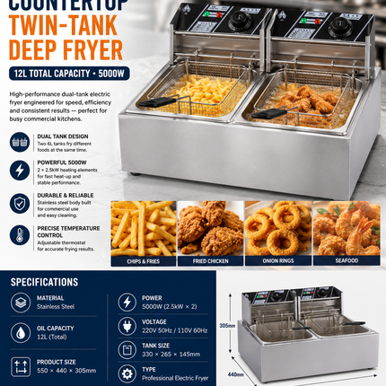 Commercial Countertop Twin-Tank Deep Fryer (12L Total) – 5000W Stainless Steel Electric Frying Station
