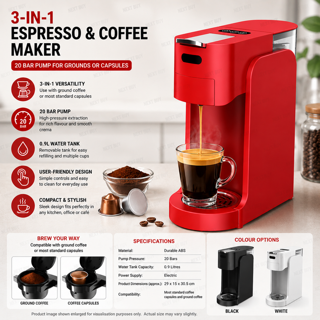 3-in-1 Espresso & Coffee Maker 20 Bar Pump for Grounds or Capsules