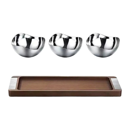 Luxury 304 Stainless Steel Fruit and Snack Bowl Set with Walnut Wood Tray – 3-Piece Tabletop Serving Set