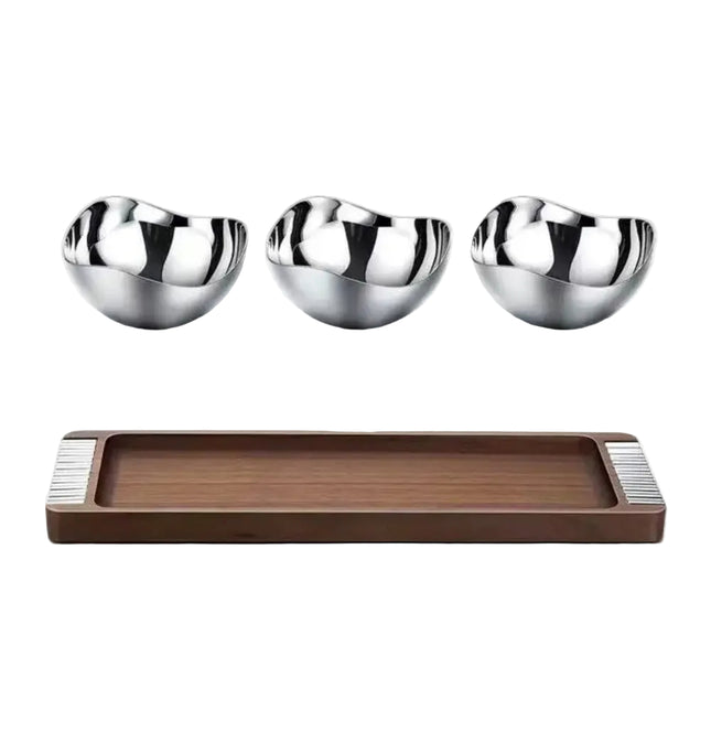 Luxury 304 Stainless Steel Fruit and Snack Bowl Set with Walnut Wood Tray – 3-Piece Tabletop Serving Set