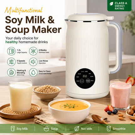 Multifunctional Electric Soy Milk and Soup Maker 1200ML with 6 Blades and Touch Control White
