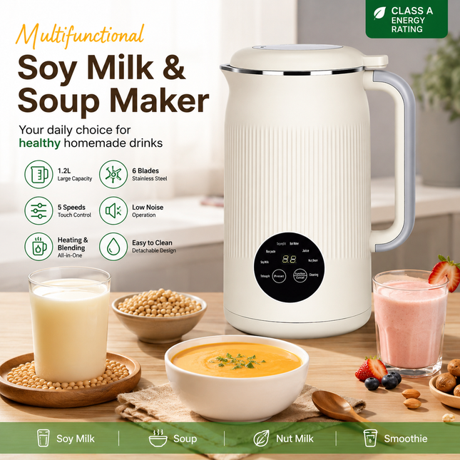 Multifunctional Electric Soy Milk and Soup Maker 1200ML with 6 Blades and Touch Control White