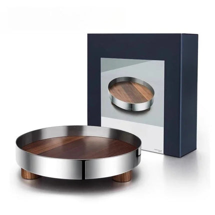 Nordic Walnut and Stainless Steel Serving Tray with Raised Base Design for Fruit Storage and Home Organisation