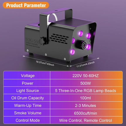 Portable 500W RGB LED Fog Machine with Wireless Remote – Party, DJ & Event Smoke Effect