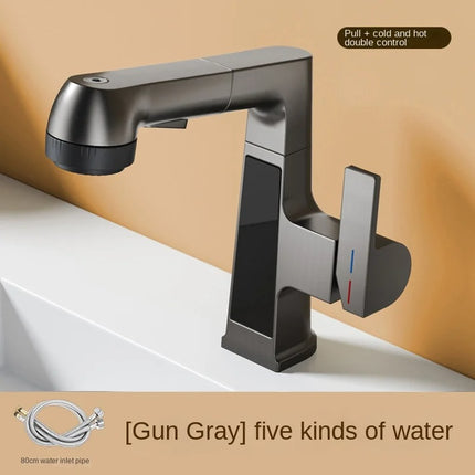 LED Temperature Display Pull Out Basin Faucet 5 Mode Spray 360° Rotating Hot and Cold Mixer