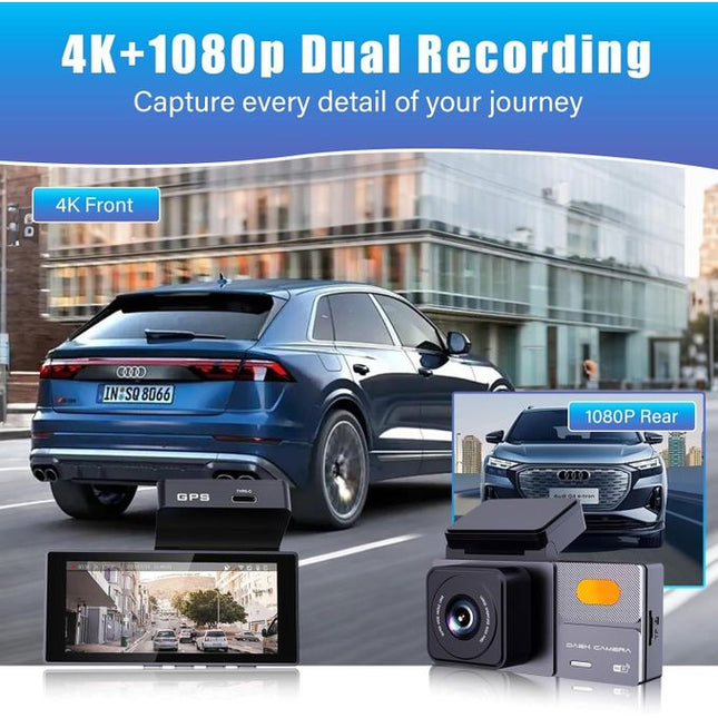 Dual Lens 4K Dash Camera with 1080P Rear Camera, WiFi, Loop Recording and Time Lapse Recording