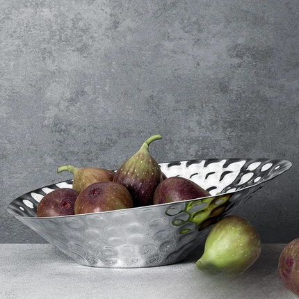 Decorative Stainless Steel Fruit Plate with Beveled Edge – Hand-Polished & Hammered Finish for Home and Dining