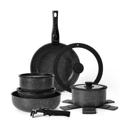 7-Piece Home Cooking Pan & Pot Set with Detachable Handles Glass Lids Black