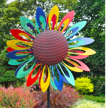 Solar LED Metal Garden Wind Spinner 3D Kinetic Ornament 210cm Outdoor Decoration