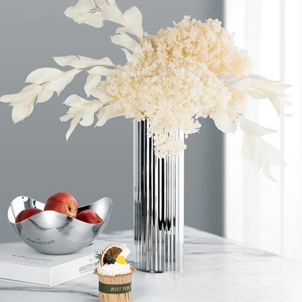 Striped Stainless Steel Vase – Modern Cylinder Design with Mirror Finish