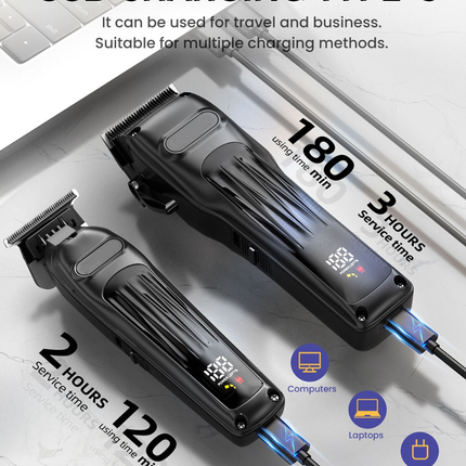 Cordless USB Rechargeable Hair Trimmer Set with LED Display Adjustable Stainless Steel Blades