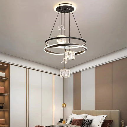Modern Black Crystal Pendant Ceiling Light Aluminium Frame Indoor Decorative Hanging Lamp