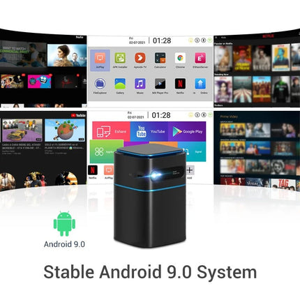 Compact Portable Smart Projector with Android 9.0, 120 ANSI Lumens, Keystone Correction – Black