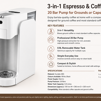 3-in-1 Espresso & Coffee Maker 20 Bar Pump for Grounds or Capsules