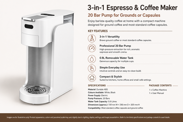 3-in-1 Espresso & Coffee Maker 20 Bar Pump for Grounds or Capsules