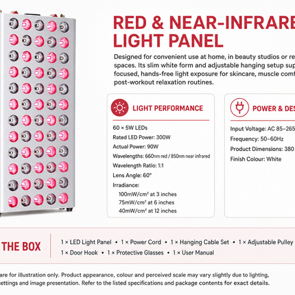 300W Red & Near-Infrared Light Panel 660nm/850nm, 60 LEDs with Hanging Kit – White