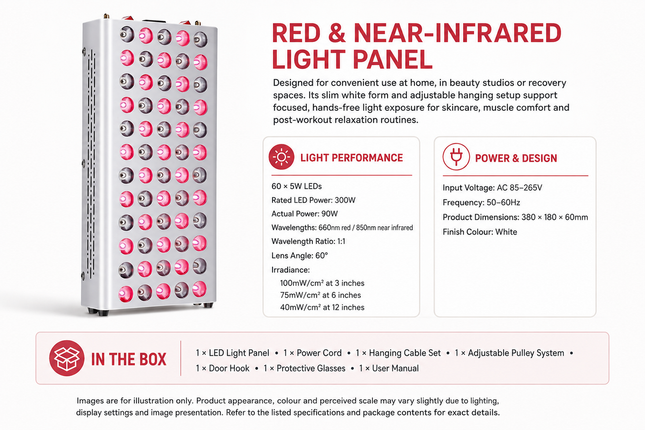 300W Red & Near-Infrared Light Panel 660nm/850nm, 60 LEDs with Hanging Kit – White