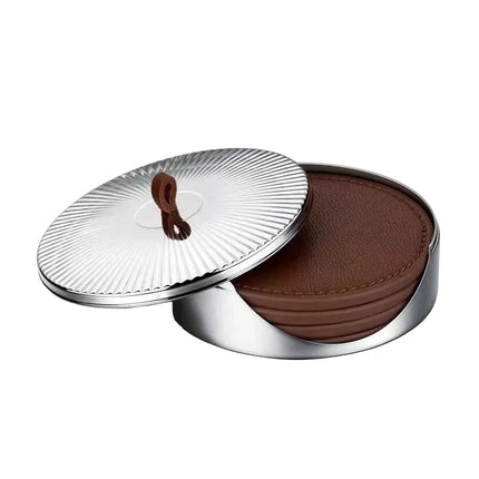 Glass Coffee Cup with Leather Handle and Polished Stainless Steel Smiling Lid
