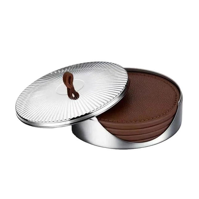 Glass Coffee Cup with Leather Handle and Polished Stainless Steel Smiling Lid