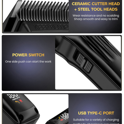 Cordless USB Rechargeable Hair Trimmer Set with LED Display Adjustable Stainless Steel Blades