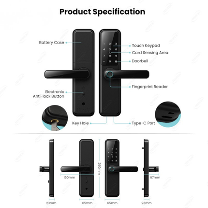 Smart Fingerprint Door Lock with App Access, Password and Key Entry