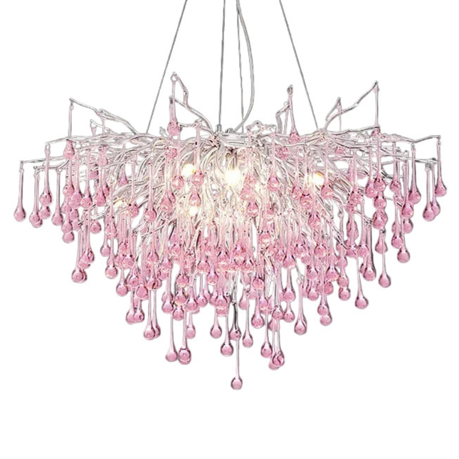 Modern Pink Water-Drop Branch Chandelier Ceiling Light for Hall & Living Room