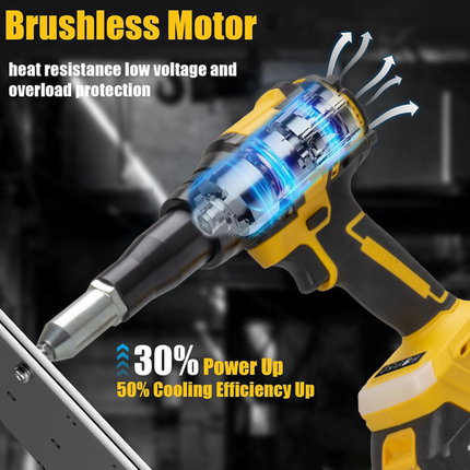 Portable 21V Cordless Brushless Rivet Gun Set – 1100N.M Torque, 16mm Stroke, 2–5mm Rivet Compatible