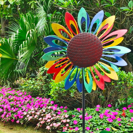Solar LED Metal Garden Wind Spinner 3D Kinetic Ornament 210cm Outdoor Decoration