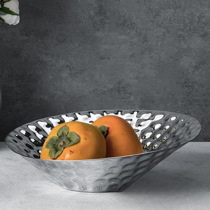 Decorative Stainless Steel Fruit Plate with Beveled Edge – Hand-Polished & Hammered Finish for Home and Dining