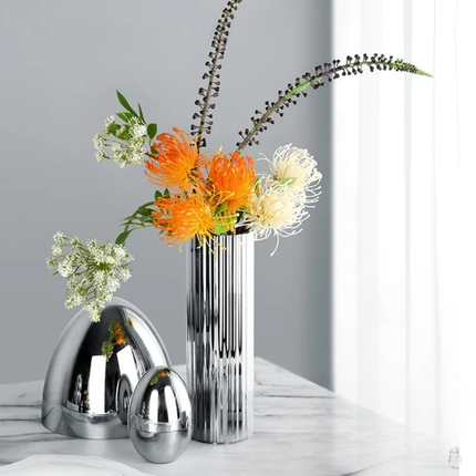 Striped Stainless Steel Vase – Modern Cylinder Design with Mirror Finish